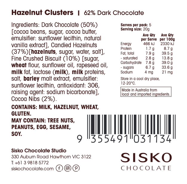 Hazelnut Clusters | French Dark Chocolate | 62% Cacao | 100g